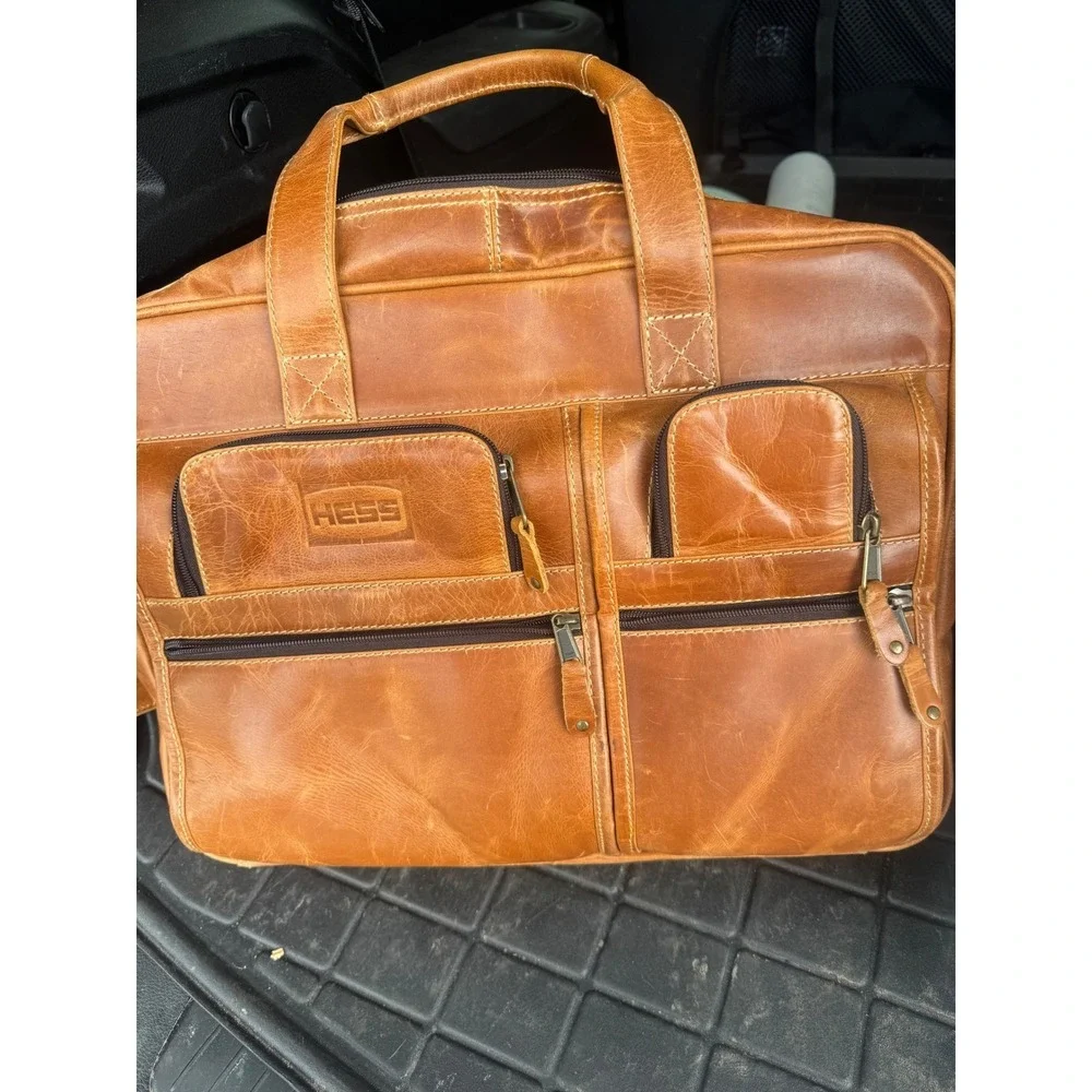 Vintage Hess Mens Tan Brown Leather Briefcase Messenger Bag Multi-Pocket Travel